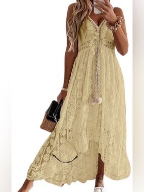 Woman’s Boho Summer Lace Maxi Dress - YELLOW S-XL
